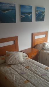 イスラ・デ・アローサにあるApartamento As Laxes de Illa de Arousaのベッドルーム1室(ベッド2台付)が備わります。壁には絵画が飾られています。
