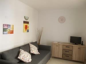 una sala de estar con sofá y TV en un armario en Caleta Paraiso - Lovely Coastal Apartment en Costa de Antigua