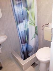 a bathroom with a toilet and a shower curtain at Rooms Radic in Dubrovnik