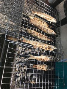 a group of fish cooking on a grill at Karaburun Sunset Beach in Orikum