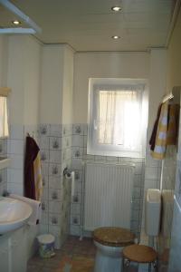 La salle de bains est pourvue d'un lavabo, de toilettes et d'une fenêtre. dans l'établissement Ferienwohnung an der Brockenbahn, à Wernigerode