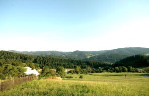 ホルニー・ベチュヴァにあるApartmá Království Beskydの山を背景にした畑の眺め