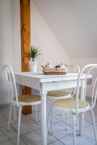 einen Tisch mit 2 Stühlen und einen weißen Tisch mit in der Unterkunft Gîtes & Chambes d'Hôtes Fugler in Orschwihr
