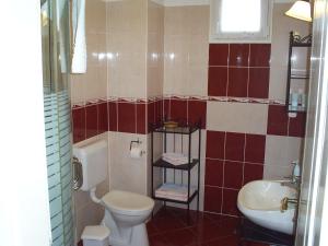 La salle de bains est pourvue de toilettes et d'un lavabo. dans l'établissement Andrea Apartmanok, à Zalakaros