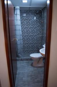 a bathroom with a shower and a toilet and a sink at Guest House Dimitrije in Niška Banja