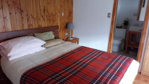 a bedroom with a bed with a plaid blanket at Hostal Parcela 47 villarrica in Villarrica