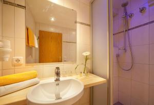 a bathroom with a sink and a mirror and a shower at Landhotel Huberhof in Schwangau +32 photos