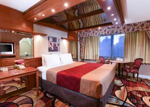 Pokój hotelowy z łóżkiem i biurkiem w obiekcie Vagabond Inn Long Beach w mieście Long Beach