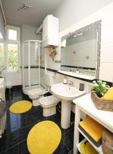 een badkamer met een wastafel, een toilet en een spiegel bij SubCastrum Apartments in Pula