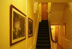 a hallway with a staircase with a painting and a stair case at The Nayland Hotel in London