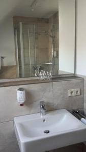 a bathroom with a white sink and a mirror at Hotel Restaurant Engel in Pfaffenweiler