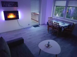 a living room with a table and a fireplace at Haus Fernsicht in Thiessow