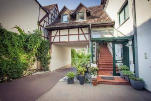 a house with potted plants in front of it at Hotel Lauer in Schoneck