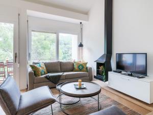 a living room with a couch and a tv at Perla Azul - Sa Riera/Begur in Begur