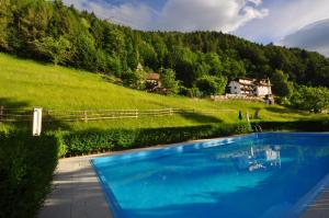 uma piscina azul em frente a uma colina verde em Bad St Isidor em Bolzano