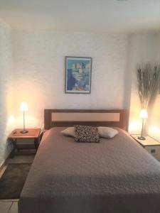 1 dormitorio con 1 cama y 2 mesas con lámparas en Les Hameaux de Propriano, en Propriano