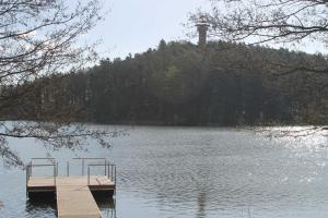 a dock in the middle of a body of water at Ferienpark Kunterbunt in Krakow am See