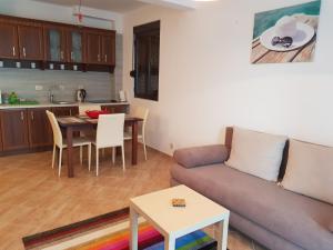 ein Wohnzimmer mit einem Sofa und einem Tisch in der Unterkunft Apartments Svetlana in Tivat