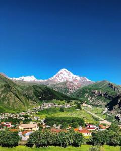 una cittadina in una valle con montagne innevate di Guesthouse Elli & Cottages a Kazbegi