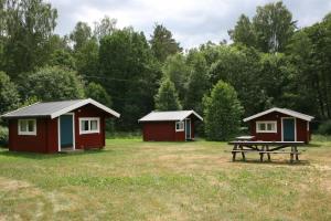 2 cottages avec une table de pique-nique dans un champ dans l'établissement Borggården stugor, à Hultsfred