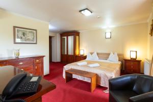 una camera d'albergo con letto e scrivania di Casa Danielescu a Târgu Jiu