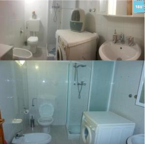two pictures of a bathroom with a toilet and a sink at La Tana Del Forestiero in Charvensod