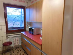 a kitchen with a microwave on a red counter at Ferienhaus Rabenhorst in Bad Berleburg
