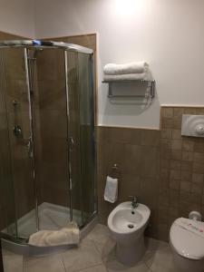 y baño con ducha, aseo y lavamanos. en Hotel Normanni en Praia a Mare