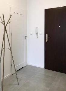 een kamer met een zwarte deur en een witte muur bij Apartament OdraTower (wroc4night) in Wrocław