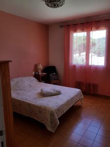 Schlafzimmer mit einem Bett und einem Fenster in der Unterkunft Villa Bel-horizon, soleil du sud in Bagnols-sur-Cèze