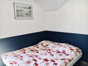 Un dormitorio con una cama con flores rojas. en Pensjonat Tahiti, en Rowy
