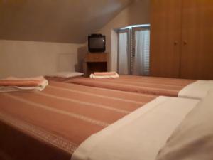 2 Betten in einem Zimmer mit einem TV in der Unterkunft La Colombella in Montemonaco
