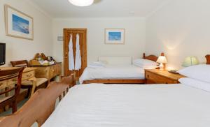 a bedroom with two beds and a desk with a television at Treweens in Wadebridge