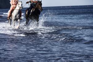 two people are riding horses in the water at Istoria, a Member of Design Hotels in Perivolos