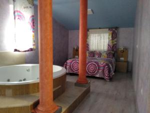 uma casa de banho com uma banheira e um quarto com uma cama em Hostal Orly em Camponaraya