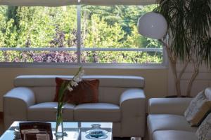 a living room with a couch and a large window at Modern B&B Somosaguas in Somosaguas