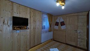 a room with a wooden wall with a television and a door at Pensiunea Lore&Sara in Satu Şugatag