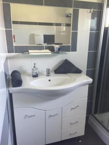 バラトンケレストゥールにあるBerni Apartmanのバスルーム(白い洗面台、鏡付)