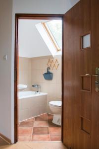 a bathroom with a toilet and a sink and a skylight at Inka-Mazury in Woszczele