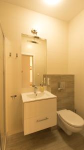 a bathroom with a sink and a toilet and a mirror at Apartament Termalny Komfort 8.2 in Uniejow