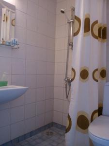 a bathroom with a shower with a toilet and a sink at Leo Hotelli in Kouvola