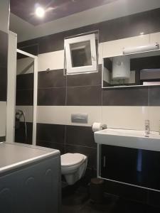 uma casa de banho em preto e branco com um WC e um lavatório em Apartman Brzović em Omiš