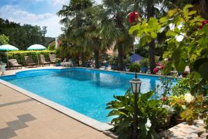 a swimming pool with chairs and palm trees at Apartments Paradis in Rovinj