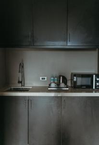 a kitchen with stainless steel cabinets and a microwave at PVL Suites in Dumaguete