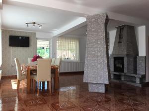 a dining room with a table and a fireplace at Casa Flamingo in Sovata