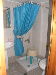 a bathroom with a toilet and a blue shower curtain at Neilis in Siviri