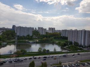 モスクワにあるDeluxe Apartment on Severnoe Chertanovoの川と建物のある街の景色