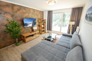 ein Wohnzimmer mit einem Sofa und einem TV in der Unterkunft Apartments Summer & Winter Fun by All in One Apartments in Zell am See