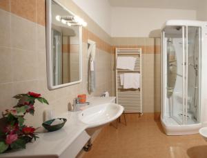 a bathroom with a sink and a shower at Hotel Zurigo in Molveno