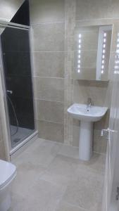 Un baño con lavabo, ducha e inodoro. en Doonbank Cottage Bothy, en Ayr